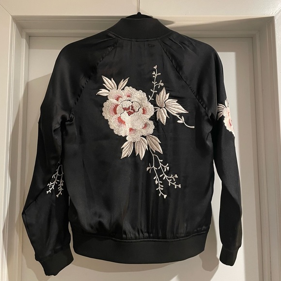 Lucky Brand Embroidered Satin Bomber Jacket - Picture 3 of 3